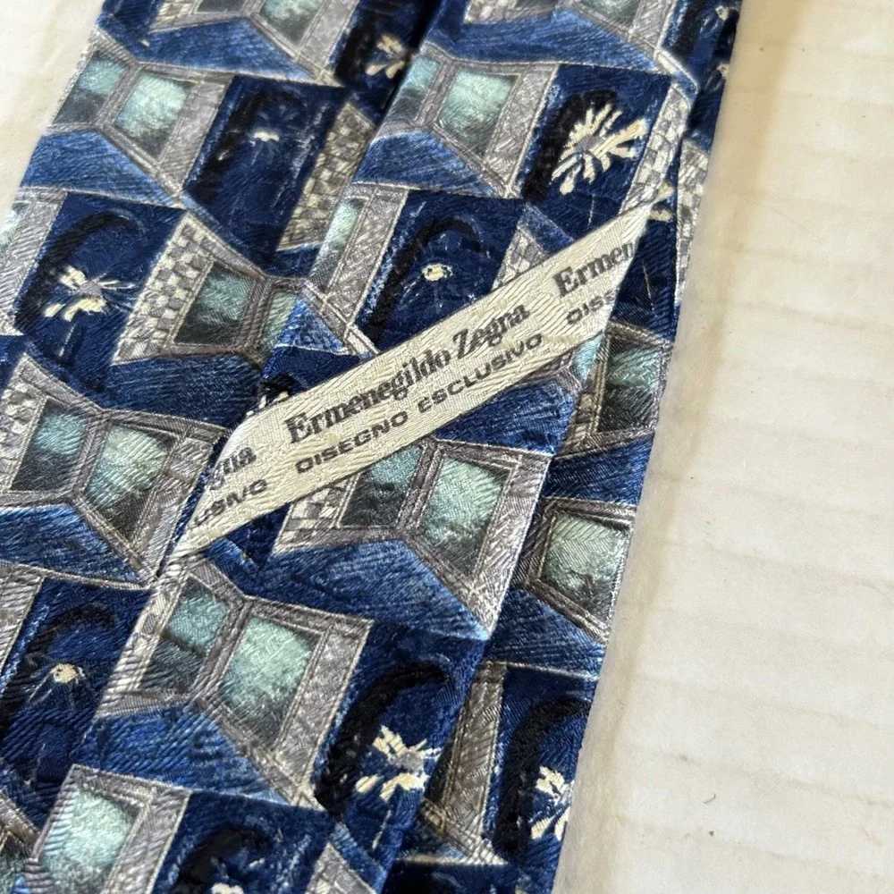 Ermenegildo Zegna Silk Tie Blue Silver Geometric Disegno Esclusivo Made in Italy